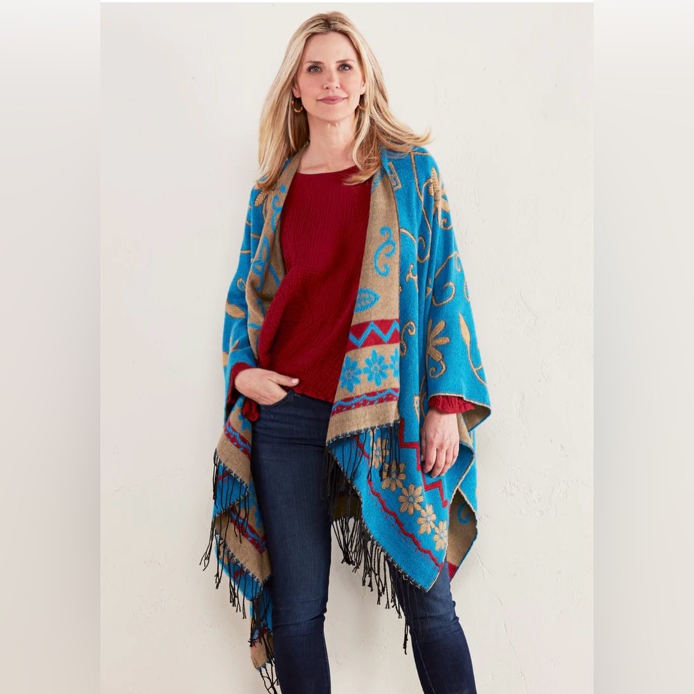 Teal Floral Embroidered Shawl Wrap with Fringe